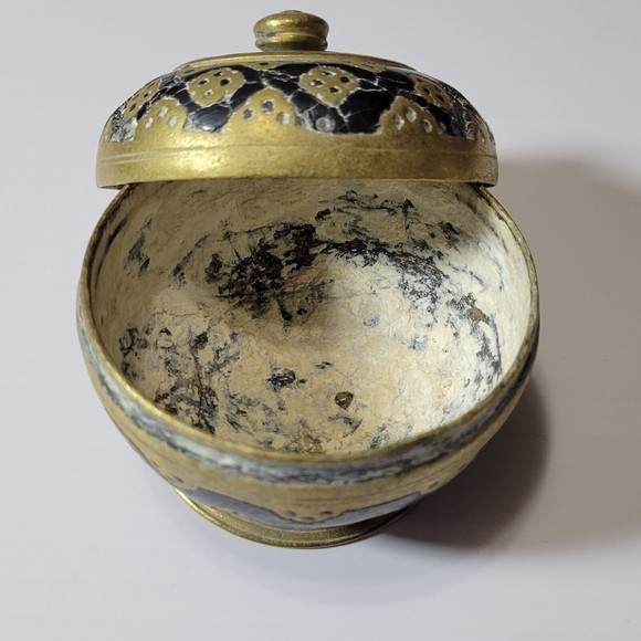 Vintage Chinese Brass Trinket Dish Enamel on Brass Geometric Design Heavy - Picture 4 of 7